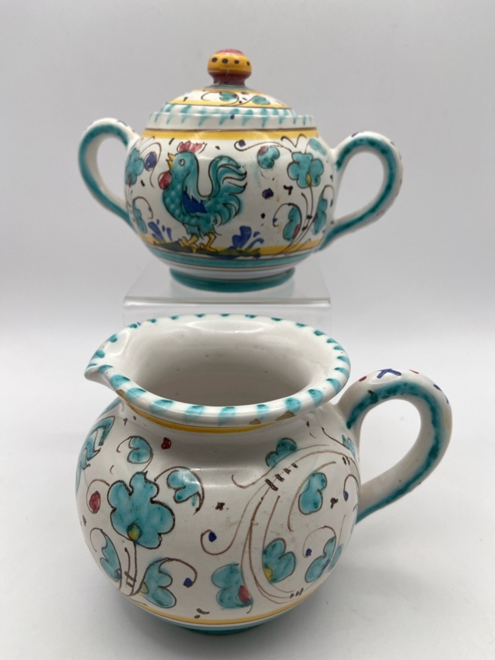 Hand Crafted Deruta Orvieto Rooster Creamer & Sugar Bowl Set Vintage - Picture 4 of 9